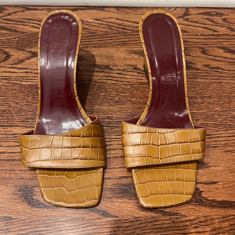 STAUD Tan Croc-Embossed Mules